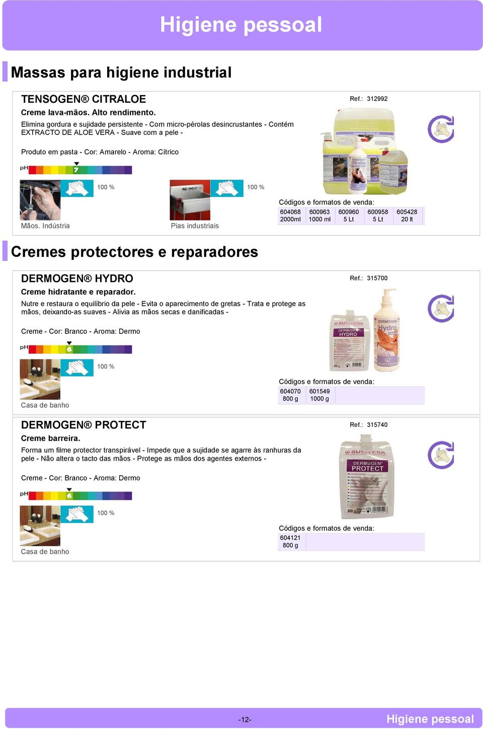 Indústria Pias industriais 604068 2000ml 600963 1000 ml 600960 5 Lt 600958 5 Lt 605428 Cremes protectores e reparadores DERMOGEN HYDRO Creme hidratante e reparador.