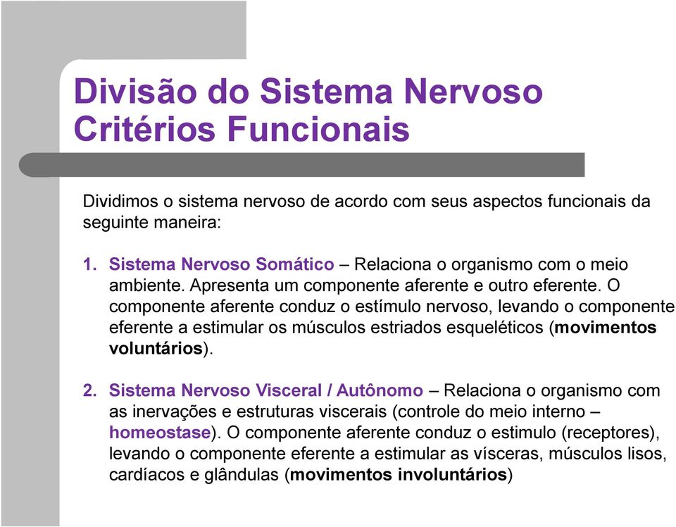 O componente aferente conduz o estímulo nervoso, levando o componente eferente a estimular os músculos estriados esqueléticos (movimentos voluntários). 2.