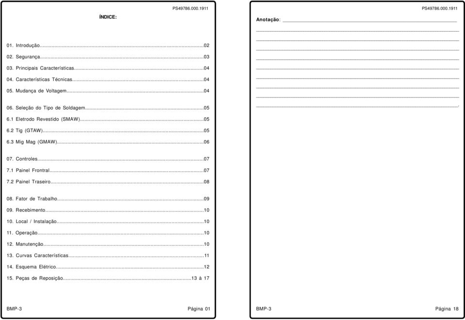 Controles...07 7.1 Painel Frontral...07 7.2 Painel Traseiro...08 08. Fator de Trabalho...09 09. Recebimento...10 10. Local / Instalação...10 11.