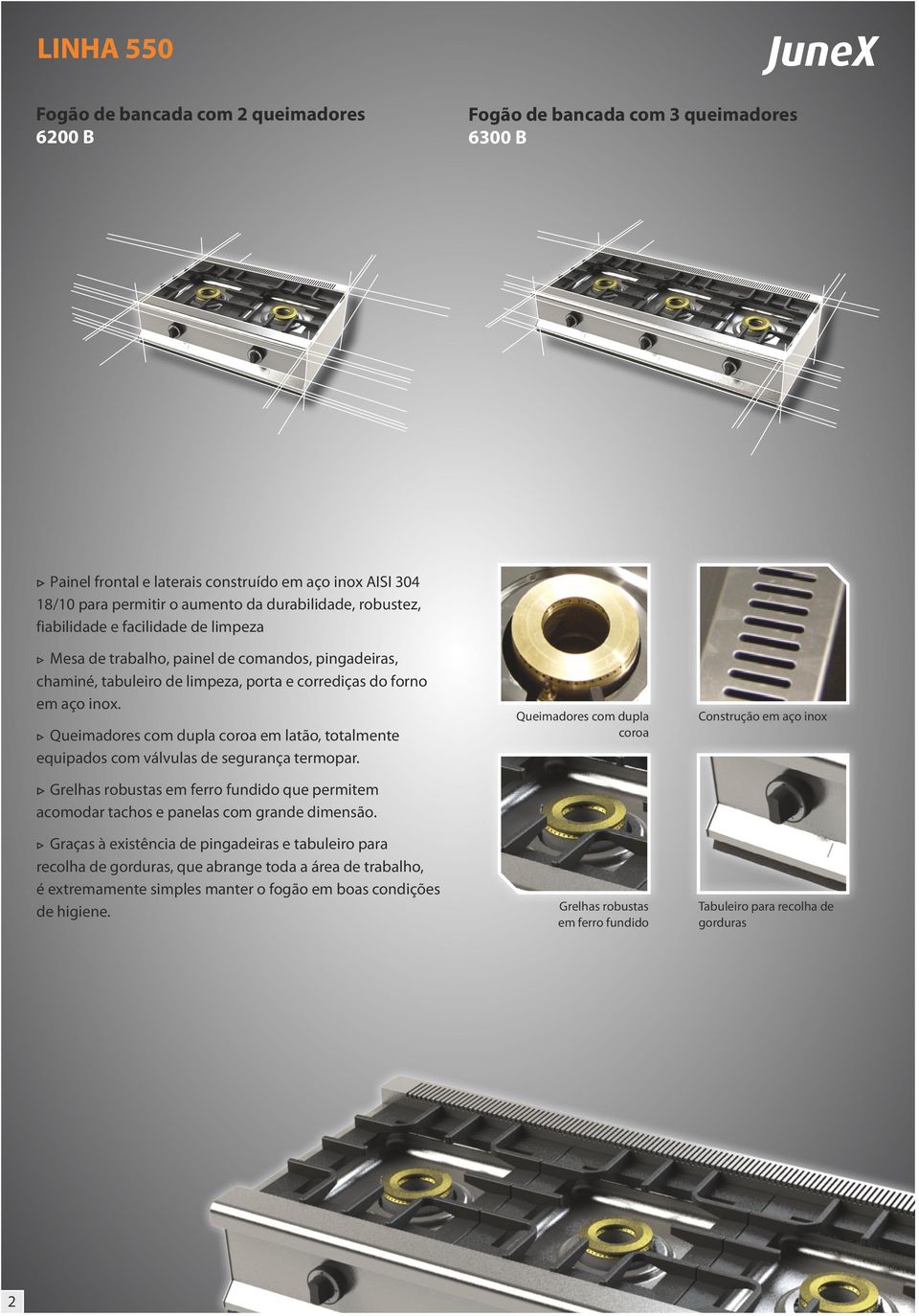 Queimadores com dupla coroa em latão, totalmente equipados com válvulas de segurança termopar. Grelhas robustas em ferro fundido que permitem acomodar tachos e panelas com grande dimensão.