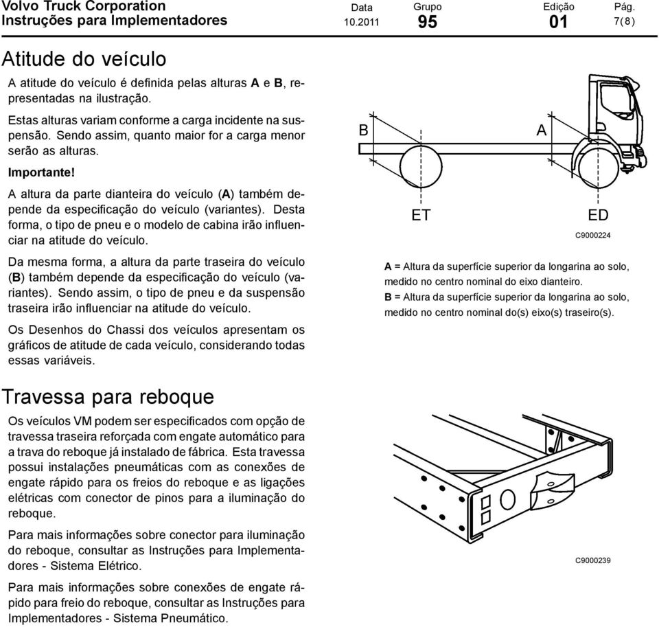 A altura da parte dianteira do veículo (A) também depende da especificação do veículo (variantes). Desta forma, o tipo de pneu e o modelo de cabina irão influenciar na atitude do veículo.