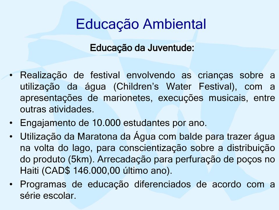 Utilização da Maratona da Água com balde para trazer água na volta do lago, para conscientização sobre a distribuição do produto (5km).