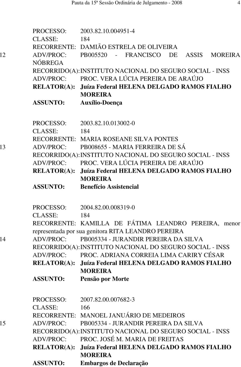 VERA LÚCIA PEREIRA DE ARAÚJO ASSUNTO: Benefício Assistencial PROCESSO: 2004