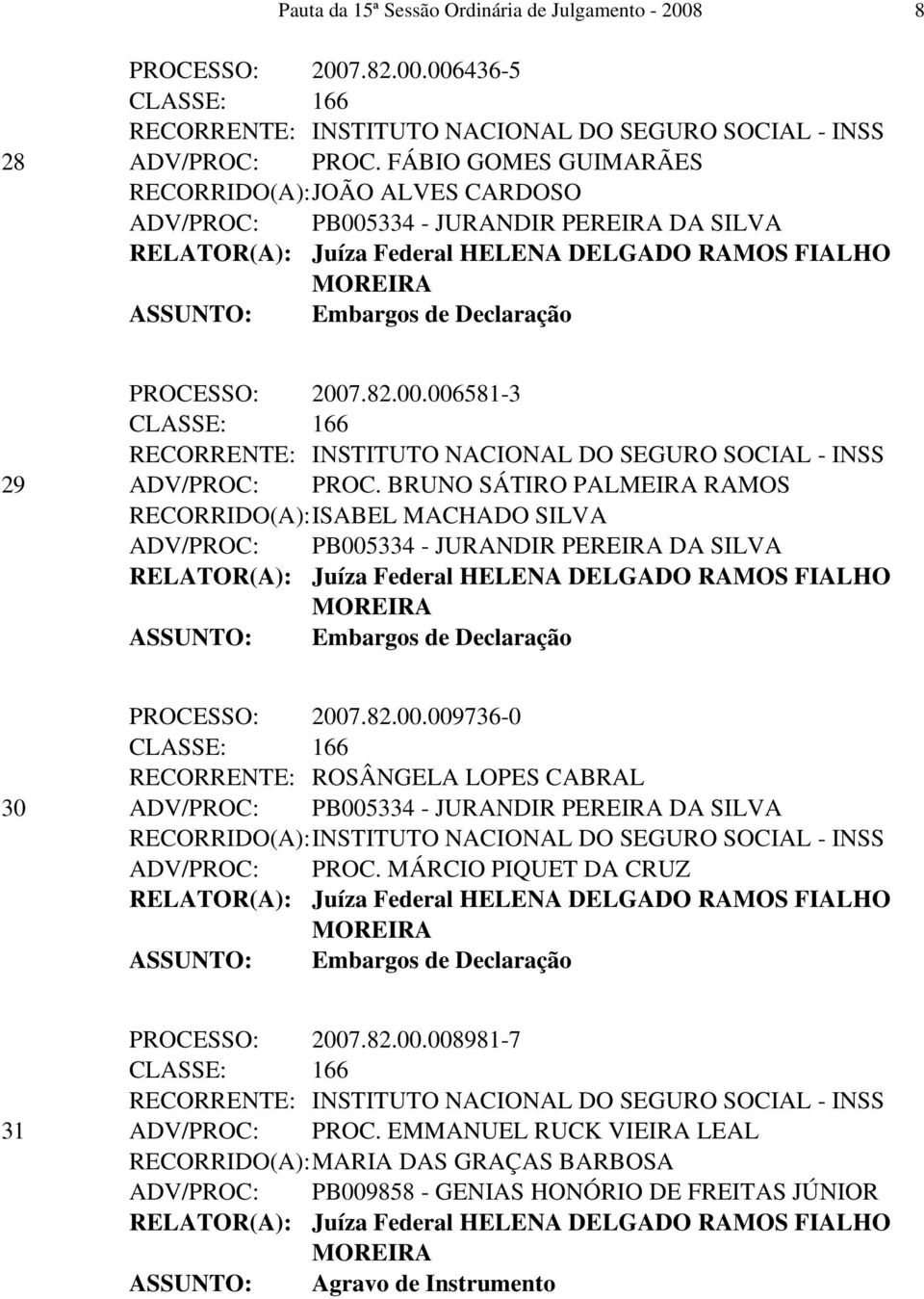 BRUNO SÁTIRO PALMEIRA RAMOS RECORRIDO(A): ISABEL MACHADO SILVA PROCESSO: 2007.82.00.009736-0 RECORRENTE: ROSÂNGELA LOPES CABRAL 30 ADV/PROC: PROC.