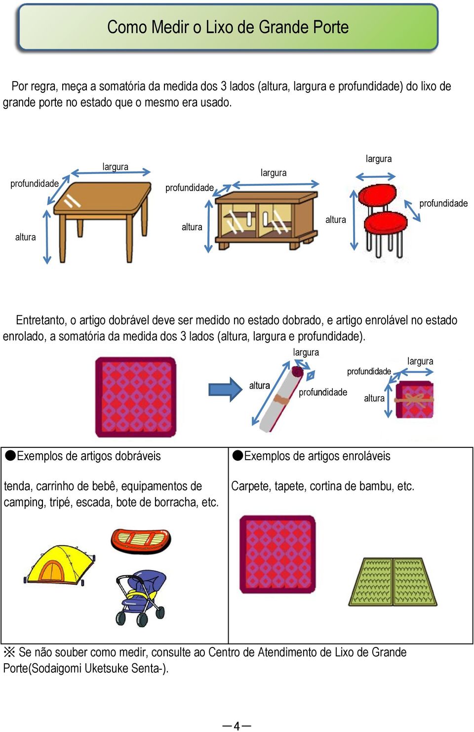 Exemplos de artigos dobráveis tenda, carrinho de bebê, equipamentos de camping, tripé, escada, bote de borracha, etc.