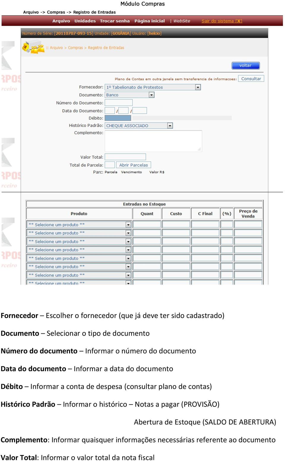 (consultar plano de contas) Histórico Padrão Informar o histórico Notas a pagar (PROVISÃO) Abertura de Estoque (SALDO DE