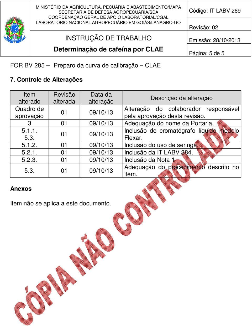 do nome da Portaria. 5.1.1. 5.3. 01 09/10/13 5.1.2. 01 09/10/13 Inclusão do uso de seringa. 5.2.1. 01 09/10/13 Inclusão da IT LABV 384. 5.2.3. 01 09/10/13 Inclusão da Nota 1 Anexos 5.