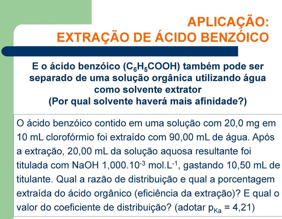 ) O ácido benzóico contido em uma solução com 20,0 mg em 10 ml clorofórmio foi extraído com 90,00 ml de água.