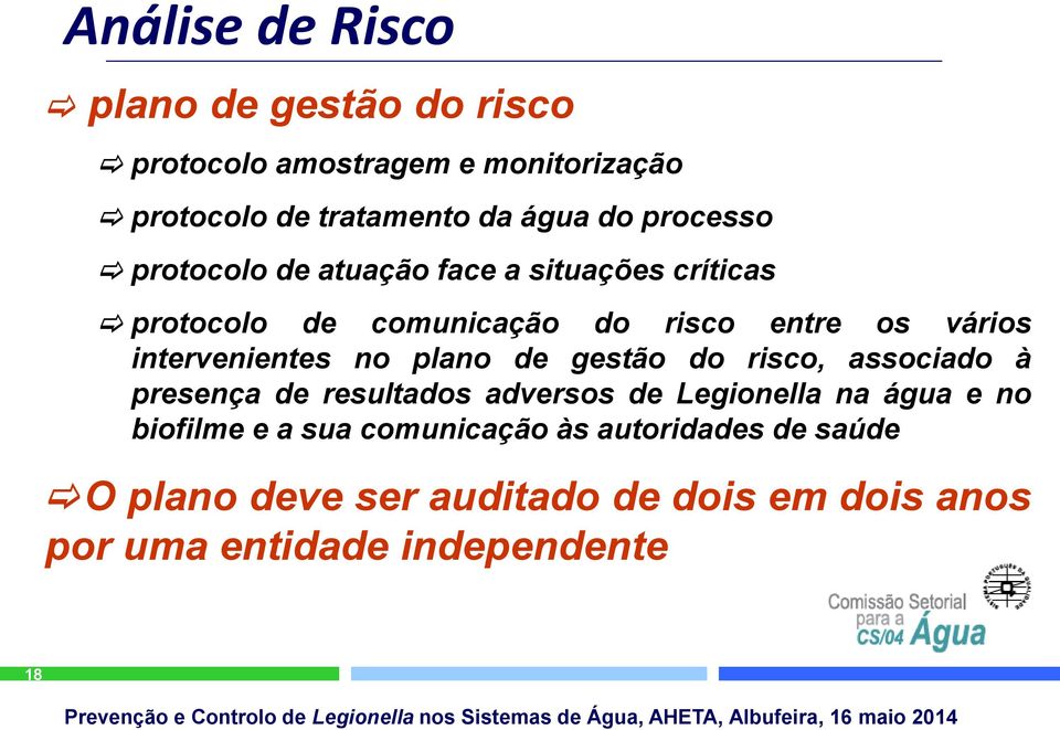 intervenientes no plano de gestão do risco, associado à presença de resultados adversos de Legionella na água e no