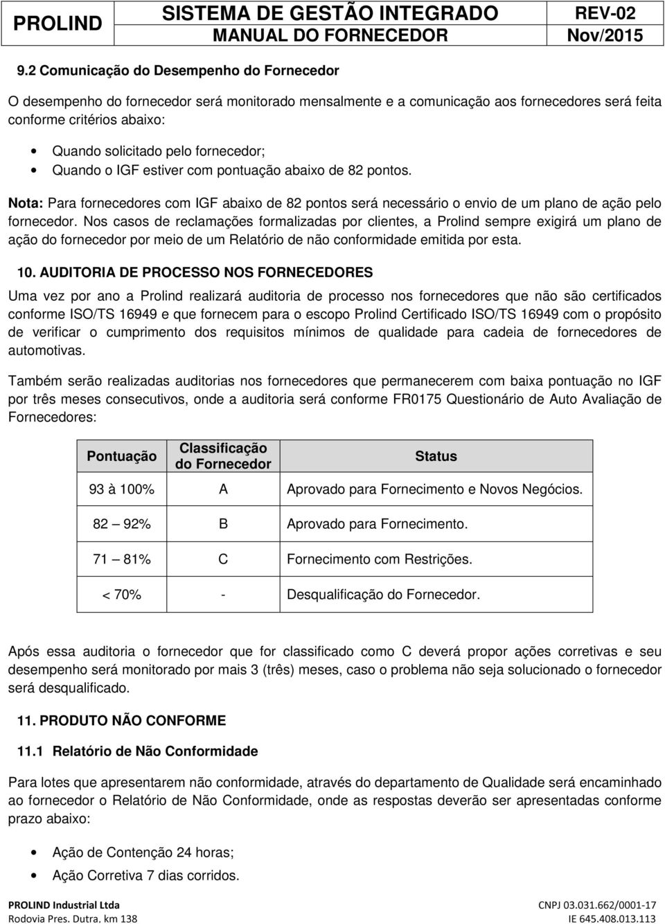 Nos casos de reclamações formalizadas por clientes, a Prolind sempre exigirá um plano de ação do fornecedor por meio de um Relatório de não conformidade emitida por esta. 10.