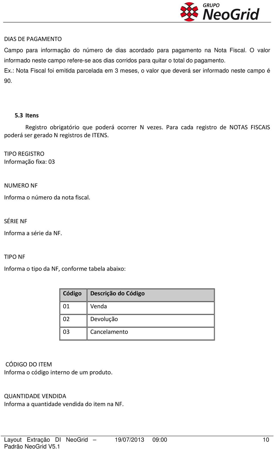 Para cada registro de NOTAS FISCAIS poderá ser gerado N registros de ITENS. TIPO REGISTRO Informação fixa: 03 NUMERO NF Informa o número da nota fiscal. SÉRIE NF Informa a série da NF.