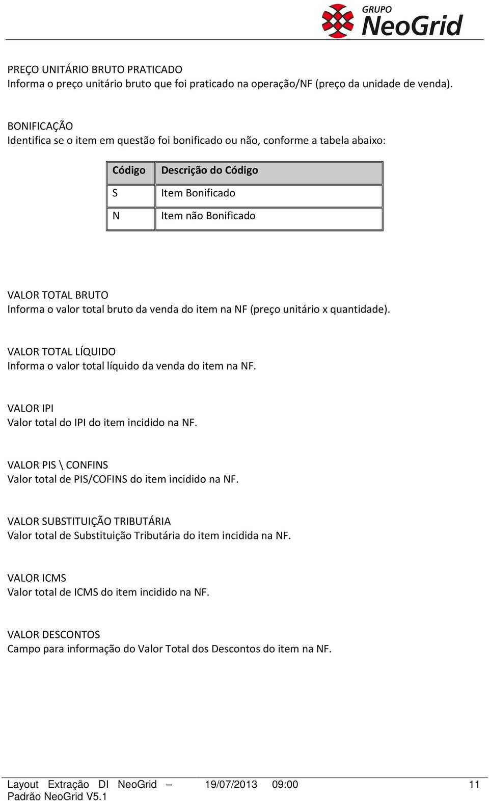 bruto da venda do item na NF (preço unitário x quantidade). VALOR TOTAL LÍQUIDO Informa o valor total líquido da venda do item na NF. VALOR IPI Valor total do IPI do item incidido na NF.