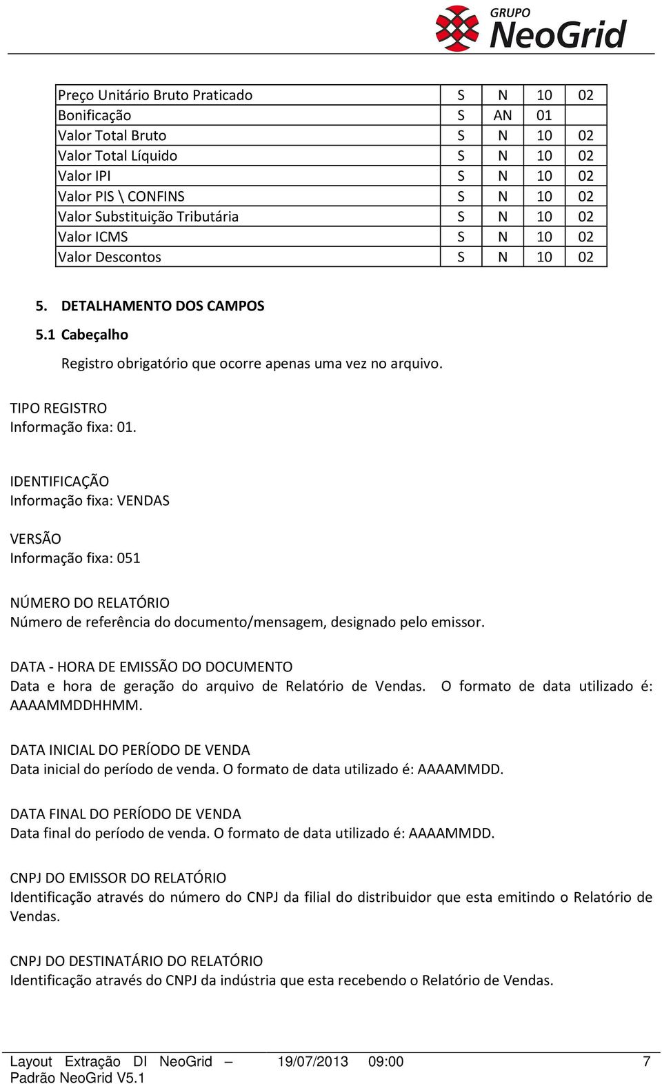 IDENTIFICAÇÃO Informação fixa: VENDAS VERSÃO Informação fixa: 051 NÚMERO DO RELATÓRIO Número de referência do documento/mensagem, designado pelo emissor.