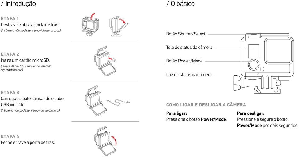 ) Tela de status da câmera Botão Power/Mode Luz de status da câmera ETAPA 3 Carregue a bateria usando o cabo USB incluído.