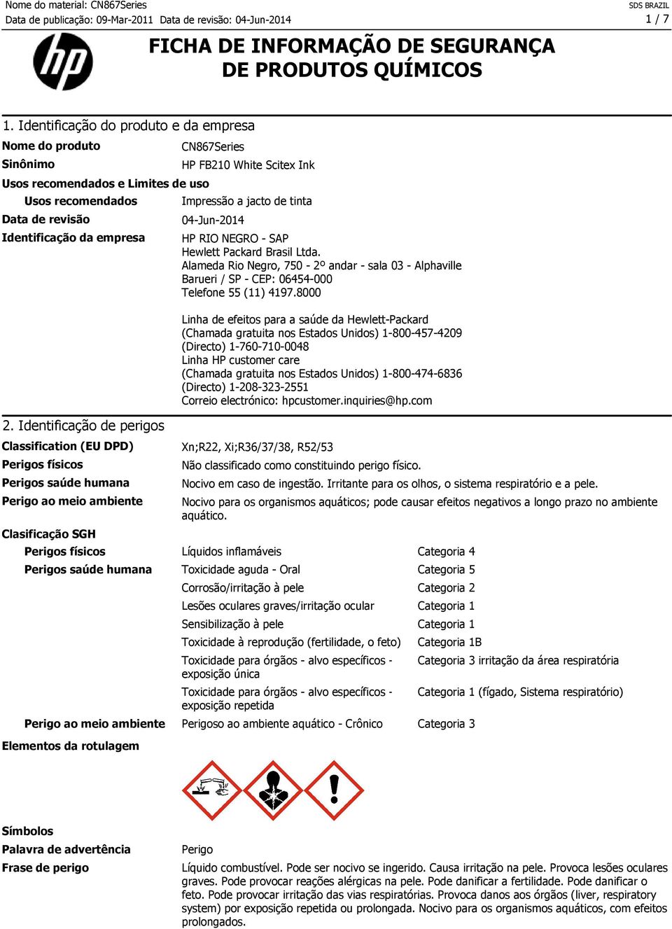 Identificação de perigos CN867Series HP FB210 White Scitex Ink Impressão a jacto de tinta 04-Jun-2014 HP RIO NEGRO - SAP Hewlett Packard Brasil Ltda.