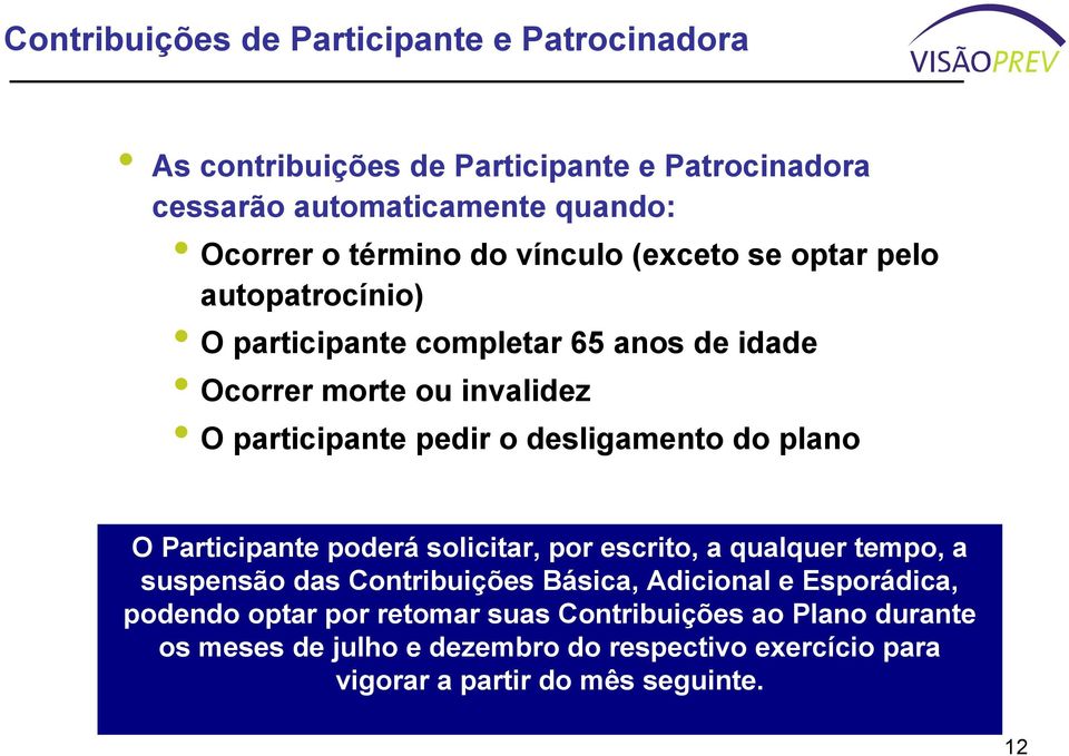 desligamento do plano O Participante poderá solicitar, por escrito, a qualquer tempo, a suspensão das Contribuições Básica, Adicional e Esporádica,