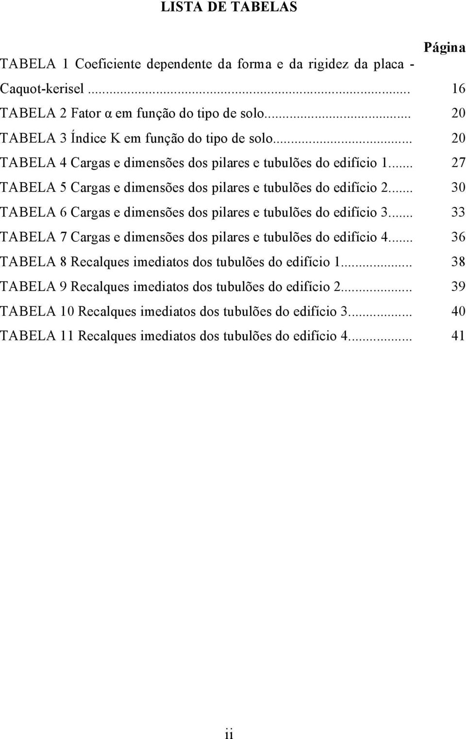 .. 27 TABELA 5 Cargas e dimensões dos pilares e tubulões do edifício 2... 30 TABELA 6 Cargas e dimensões dos pilares e tubulões do edifício 3.