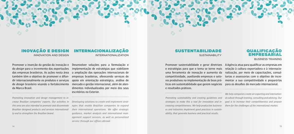 As ações nesta área também têm o objetivo de promover e difundir internacionalmente os produtos e serviços de design brasileiro visando o fortalecimento da Marca Brasil.