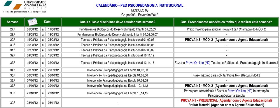 2 (Agendar com o Agente Educacional) 30.º 26/08/12 a 01/09/12 Teorias e Práticas da Psicopedagogia Institucional 04,05,06-31.