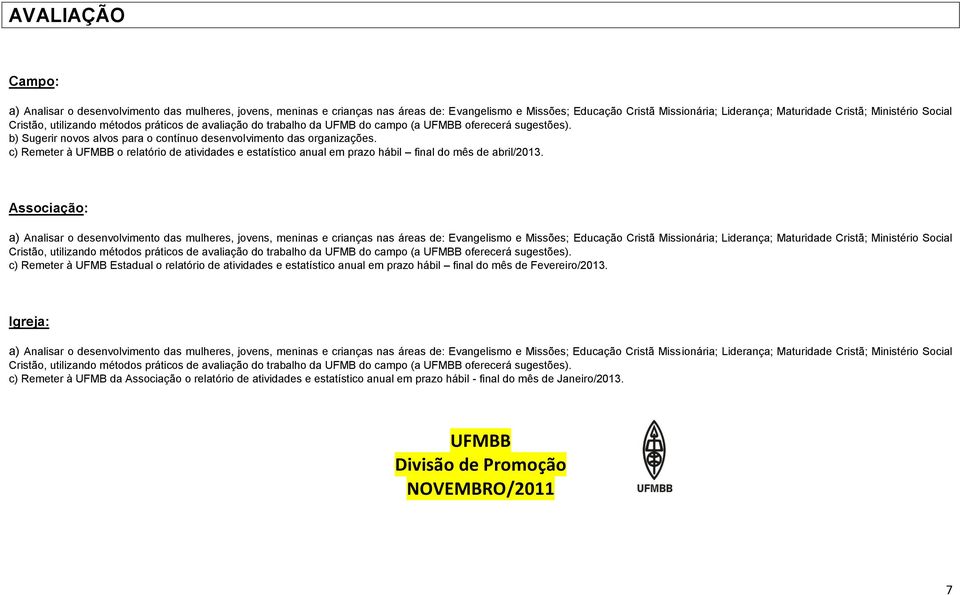 c) Remeter à UFMBB o relatório de atividades e estatístico anual em prazo hábil final do mês de abril/2013.