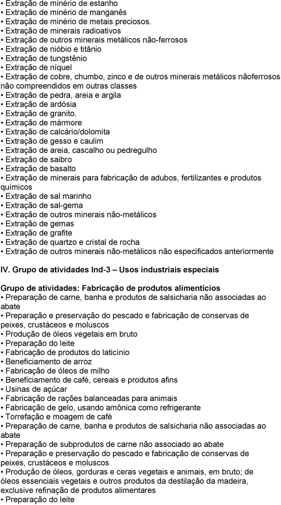 minerais metálicos nãoferrosos não compreendidos em outras classes Extração de pedra, areia e argila Extração de ardósia Extração de granito.