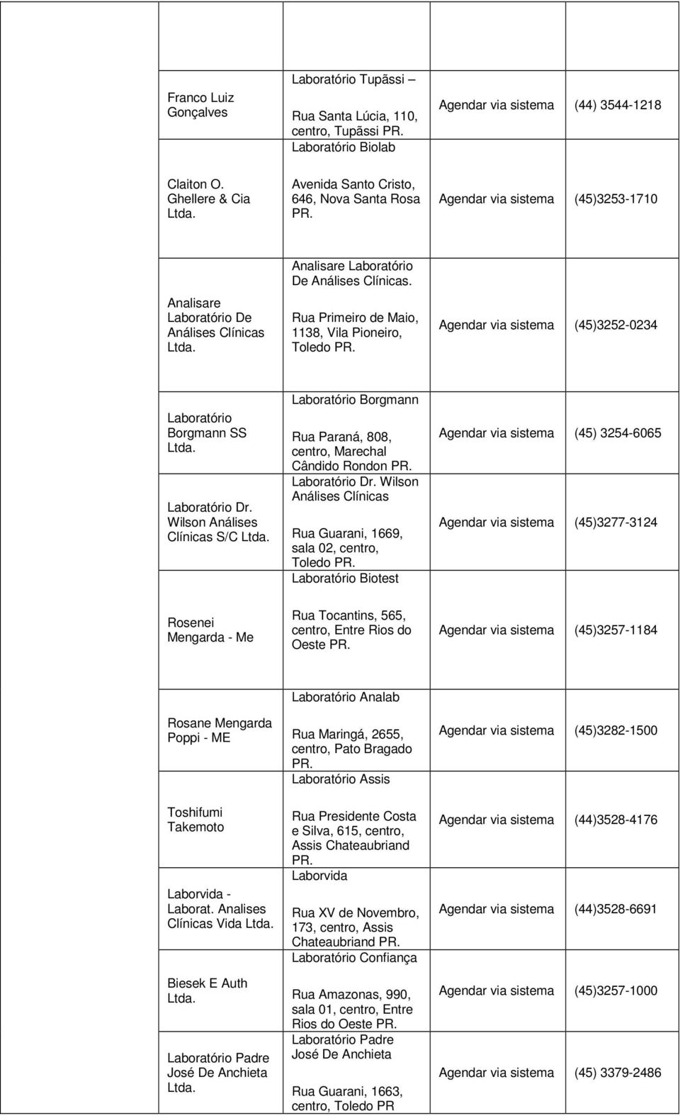 Rua Primeiro de Maio, 1138, Vila Pioneiro, Toledo Agendar via sistema (45)3252-0234 Borgmann SS Dr. Wilson Análises Clínicas S/C Borgmann Rua Paraná, 808, centro, Marechal Cândido Rondon Dr.