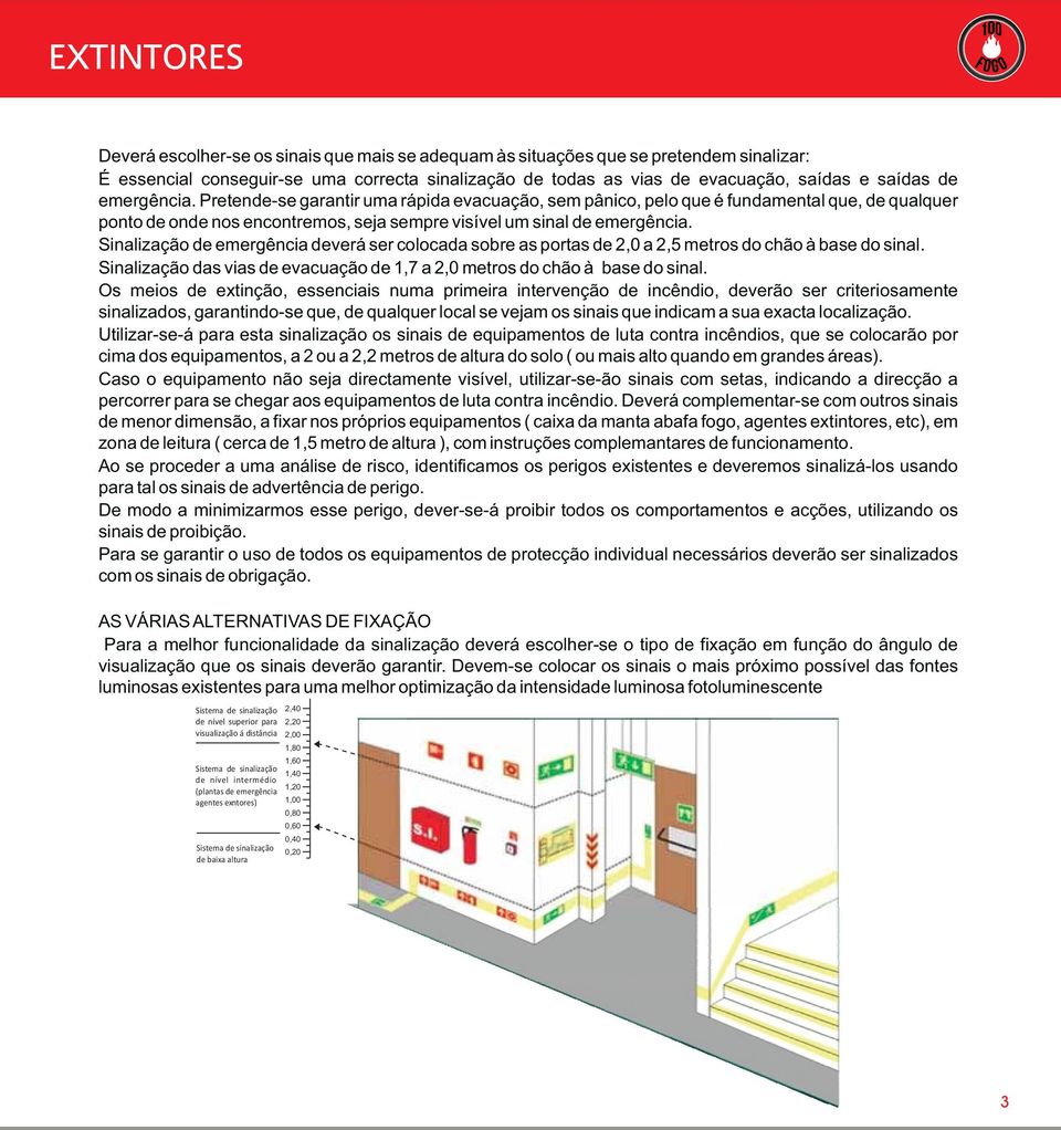 Sinalização de emergência deverá ser colocada sobre as portas de 2,0 a 2,5 metros do chão à base do sinal. Sinalização das vias de evacuação de 1,7 a 2,0 metros do chão à base do sinal.