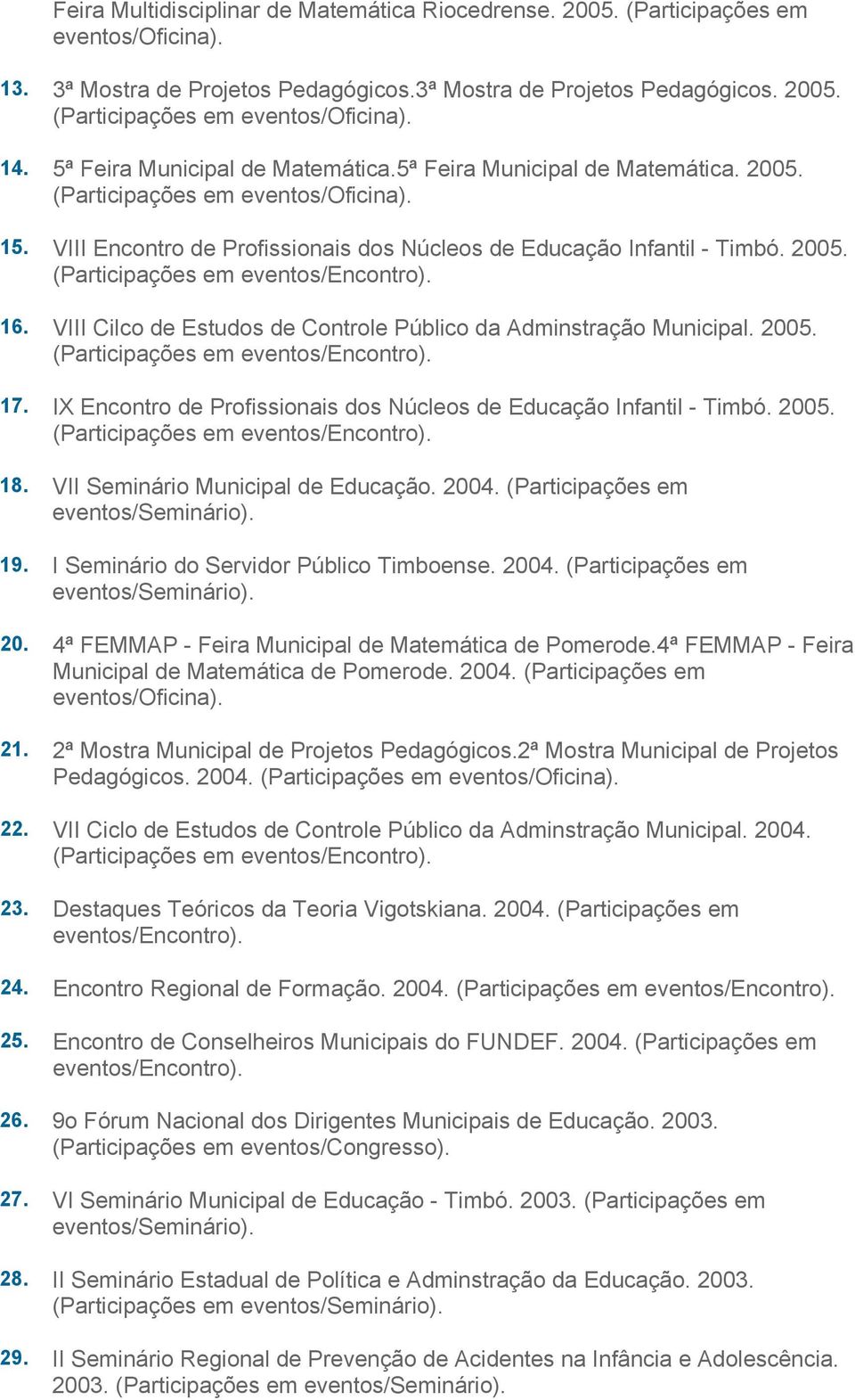 VIII Cilco de Estudos de Controle Público da Adminstração Municipal. 2005. 17. IX Encontro de Profissionais dos Núcleos de Educação Infantil - Timbó. 2005. 18. VII Seminário Municipal de Educação.