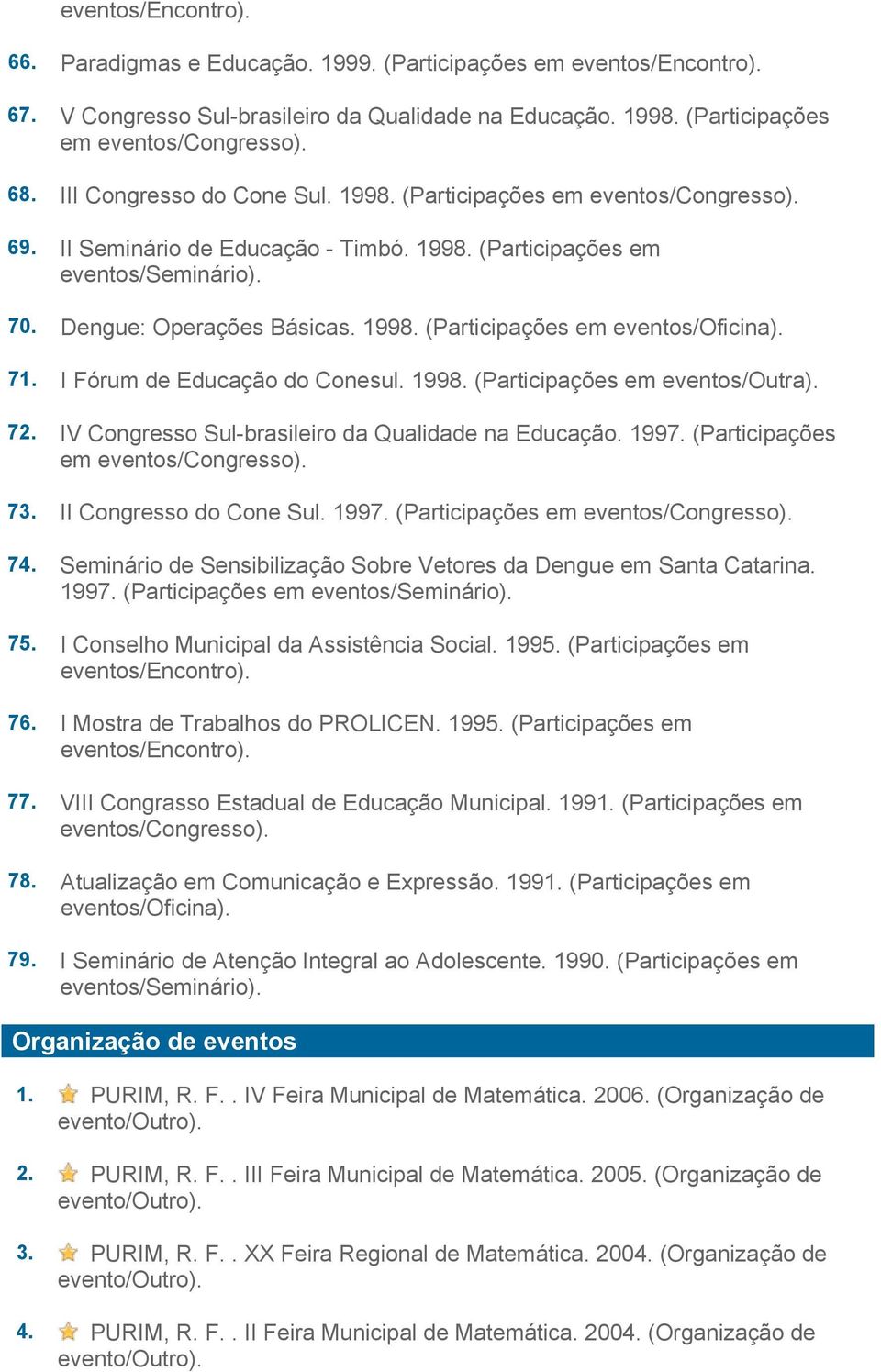 IV Congresso Sul-brasileiro da Qualidade na Educação. 1997. (Participações em eventos/congresso). 73. II Congresso do Cone Sul. 1997. (Participações em eventos/congresso). 74.