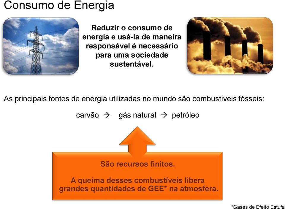 As principais fontes de energia utilizadas no mundo são combustíveis fósseis: carvão gás