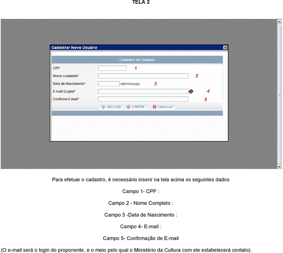 Campo 4- E-mail : Campo 5- Confirmação de E-mail (O e-mail será o login do