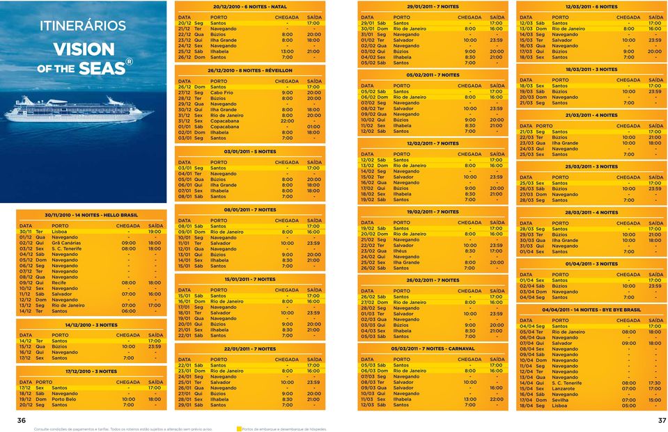 20:00 29/12 Qua Navegando - - 30/12 Qui Ilha Grande 8:00 18:00 31/12 Sex Rio de Janeiro 8:00 20:00 31/12 Sex Copacabana 22:00-01/01 Sáb Copacabana - 01:00 02/01 Dom Ilhabela 8:00 18:00 03/01 Seg