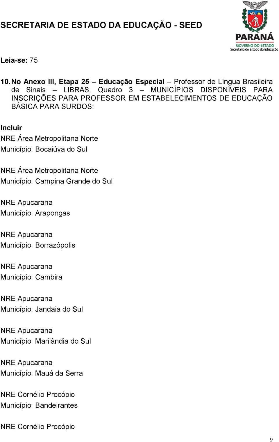 ESTABELECIMENTOS DE EDUCAÇÃO BÁSICA PARA SURDOS: Incluir NRE Área Metropolitana Norte Município: Bocaiúva do Sul NRE Área Metropolitana Norte Município: Campina