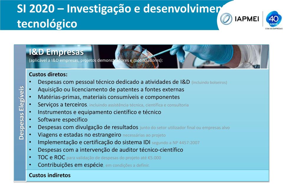 assistência técnica, científica e consultoria Instrumentos e equipamento científico e técnico Software específico Despesas com divulgação de resultados junto do setor utilizador final ou empresas