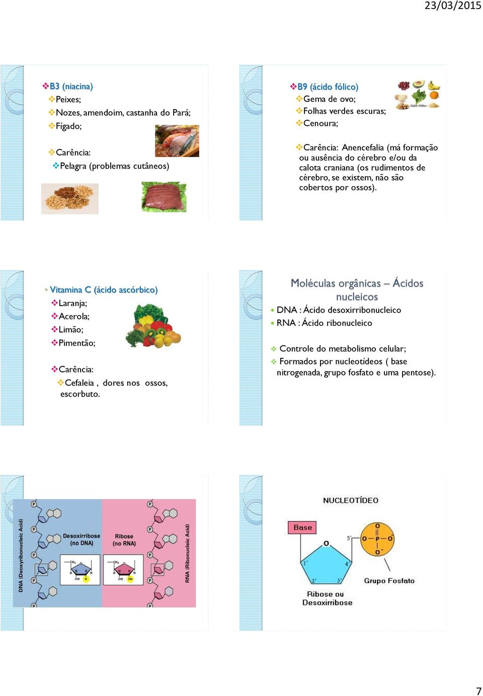 Vitamina C (ácido ascórbico) Laranja; Acerola; Limão; Pimentão; Cefaleia, dores nos ossos, escorbuto.