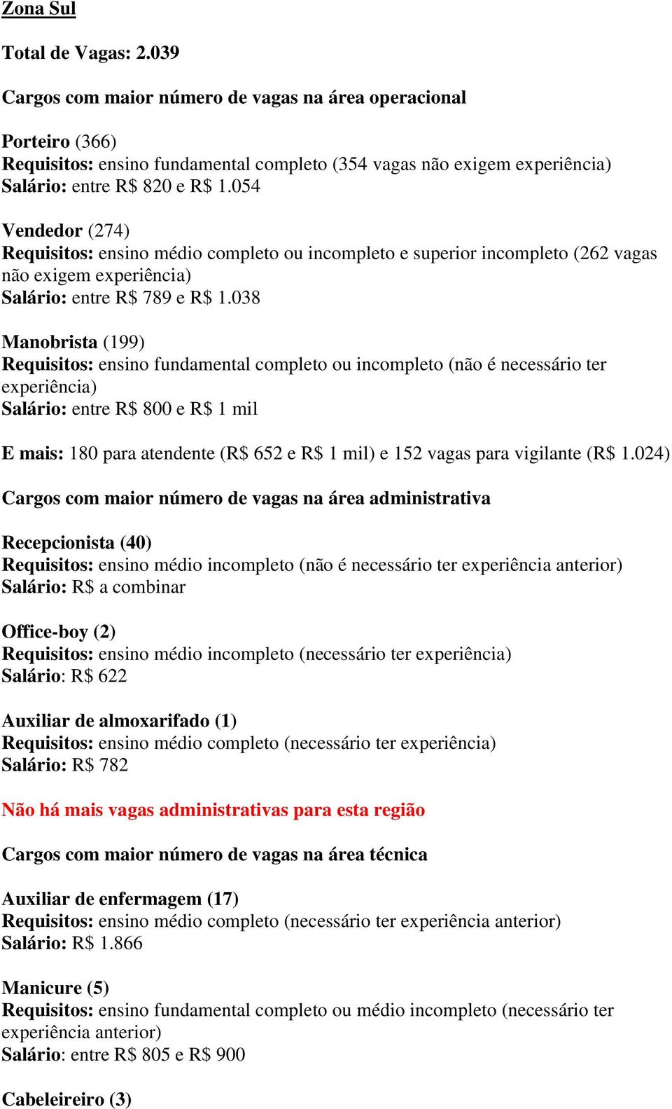 054 Vendedor (274) Requisitos: ensino médio completo ou incompleto e superior incompleto (262 vagas não exigem experiência) Salário: entre R$ 789 e R$ 1.