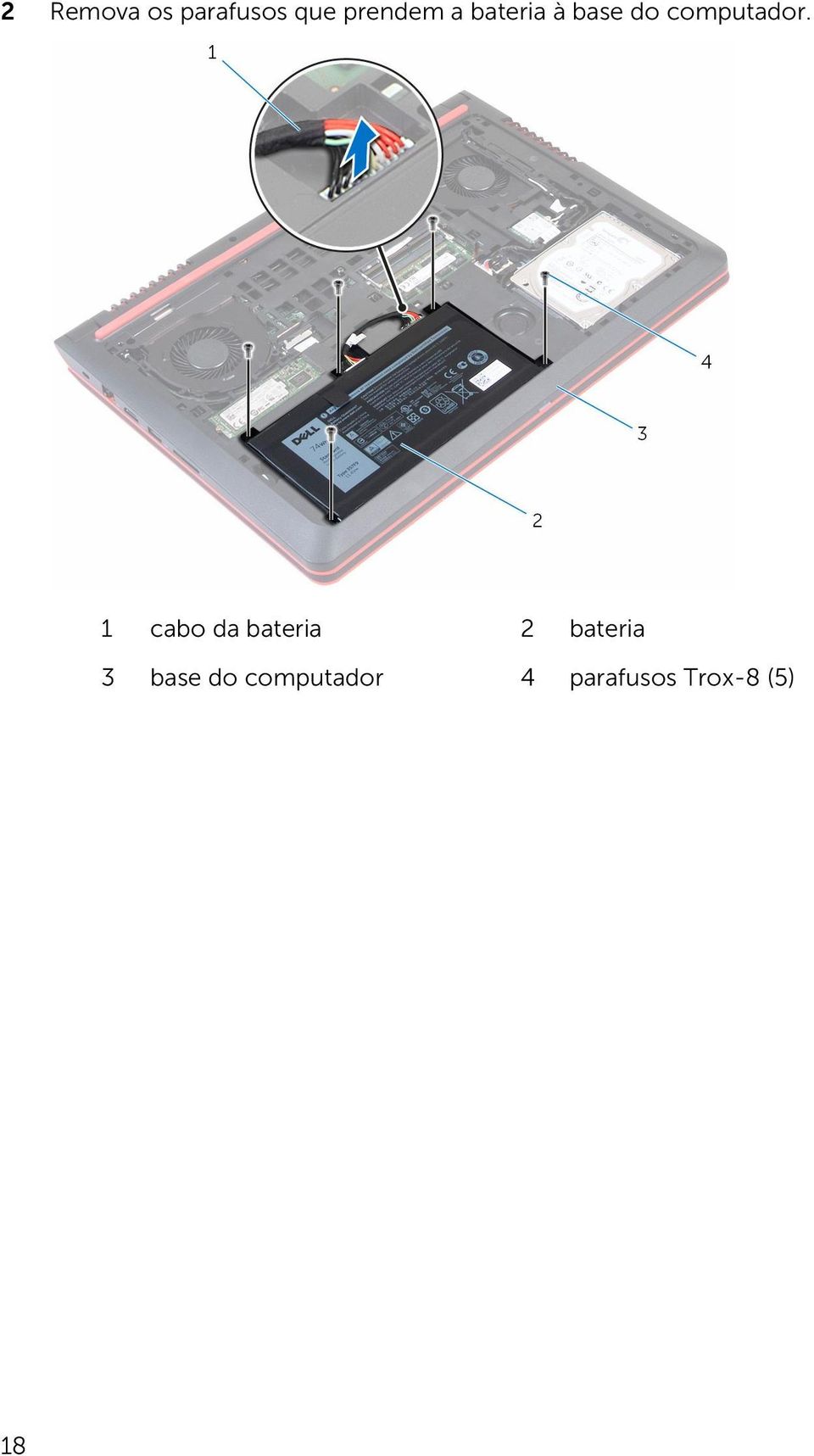 1 cabo da bateria 2 bateria 3 base