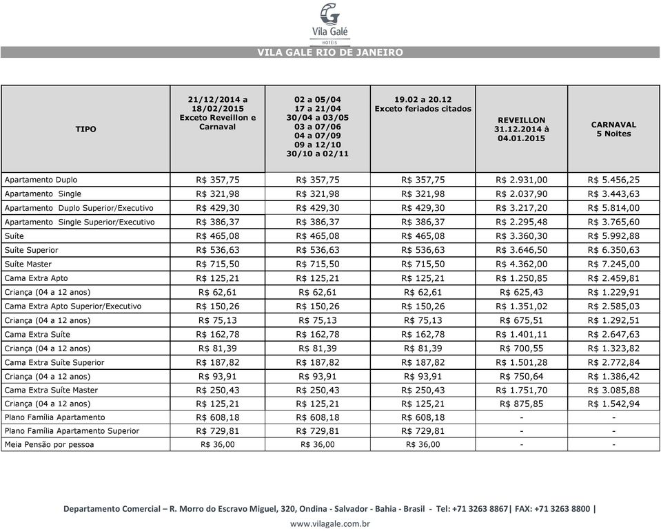 814,00 Apartamento Single Superior/Executivo R$ 386,37 R$ 386,37 R$ 386,37 R$ 2.295,48 R$ 3.765,60 Suíte R$ 465,08 R$ 465,08 R$ 465,08 R$ 3.360,30 R$ 5.