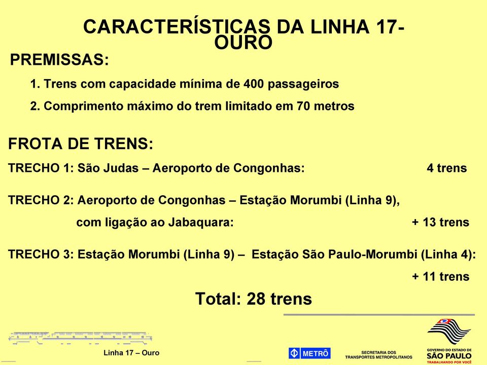 Congonhas: 4 trens TRECHO 2: Aeroporto de Congonhas Estação Morumbi (Linha 9), com ligação ao