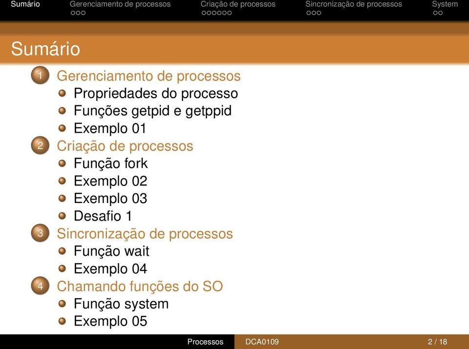 02 Exemplo 03 Desafio 1 3 Sincronização de processos Função wait Exemplo