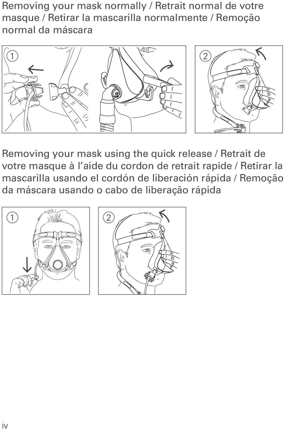 Retrait de votre masque à l aide du cordon de retrait rapide / Retirar la mascarilla