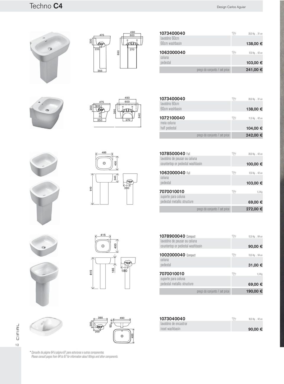 31 un 138,00 11,5 Kg. 42 un 104,00 preço do conjunto / set price 242,00 1078500040 Full lavatório de pousar ou coluna countertop or pedestal washbasin 20,0 Kg.