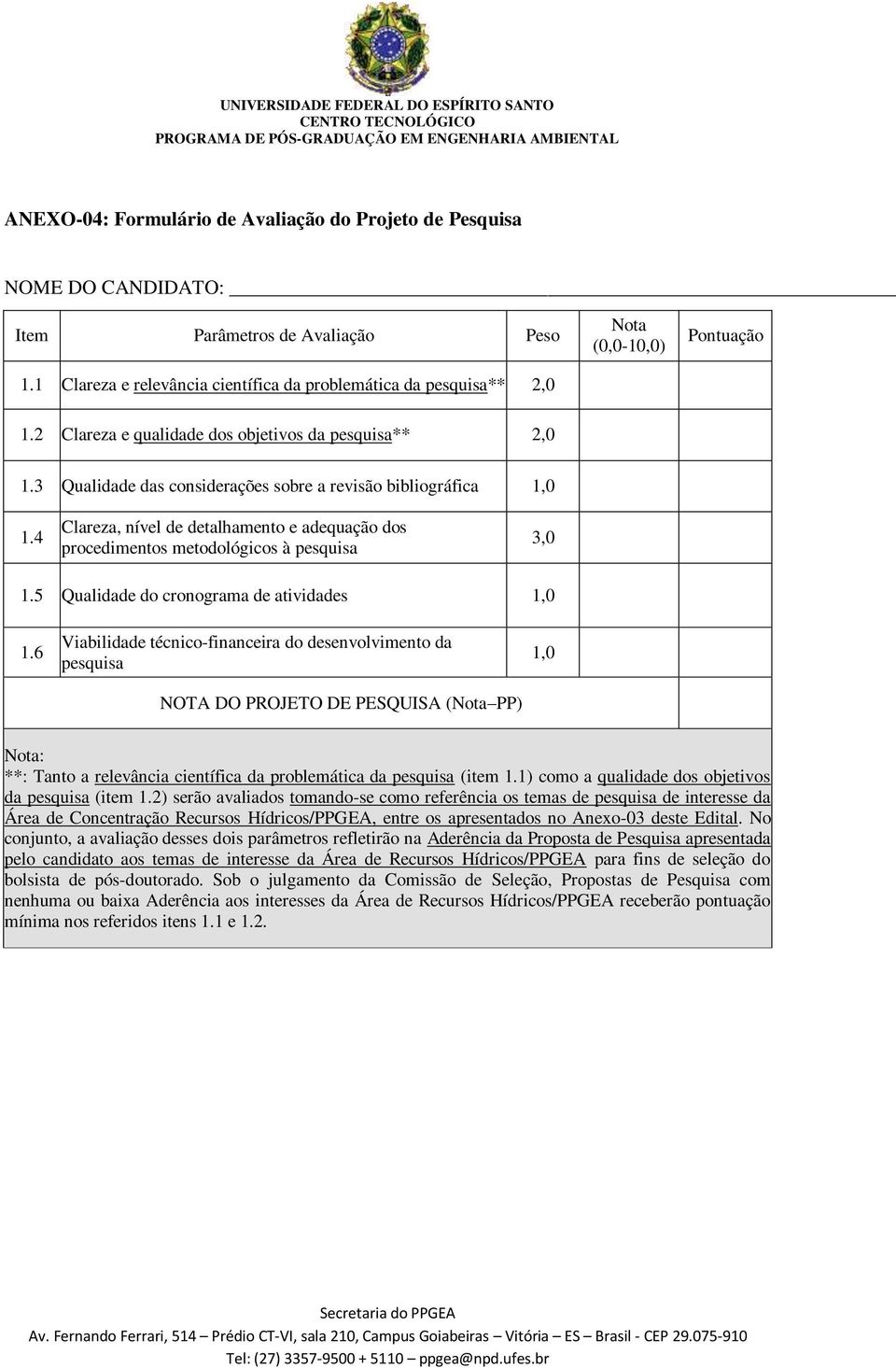 3 Qualidade das considerações sobre a revisão bibliográfica 1,0 1.4 Clareza, nível de detalhamento e adequação dos procedimentos metodológicos à pesquisa 3,0 1.