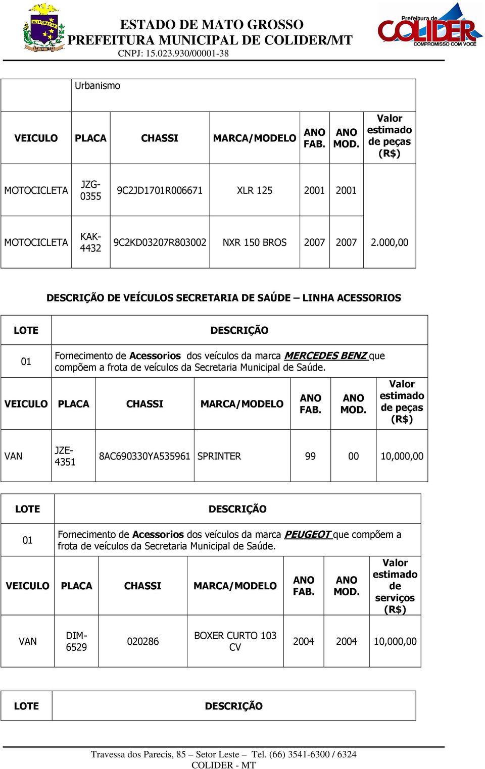 de veículos da Secretaria Municipal de Saúde.