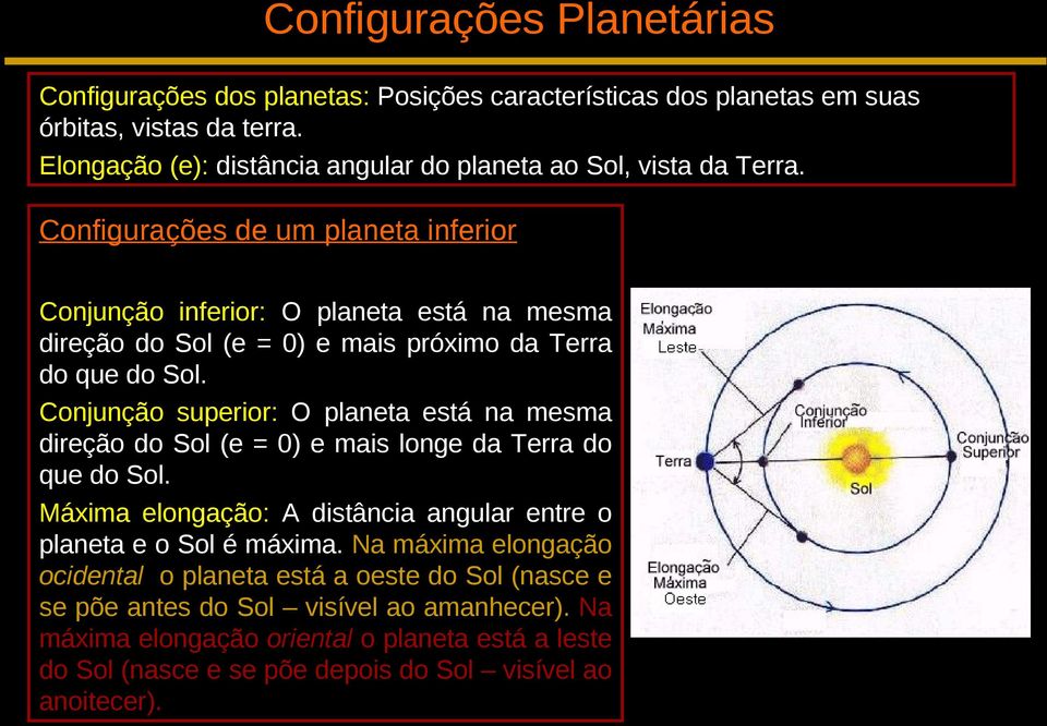 Configurações de um planeta inferior Conjunção inferior: O planeta está na mesma direção do Sol (e = 0) e mais próximo da Terra do que do Sol.