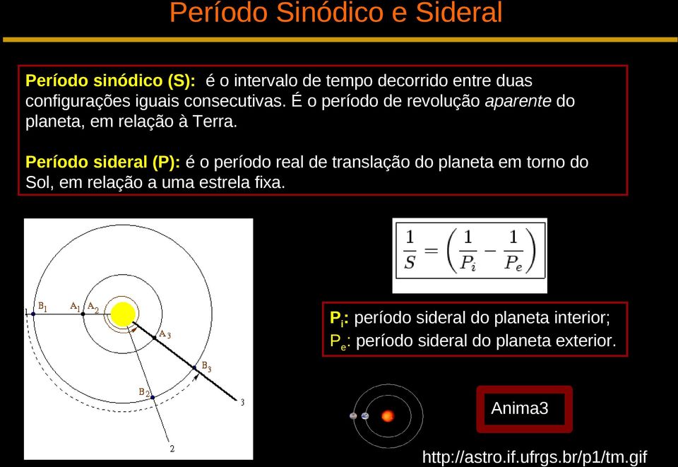 Período sideral (P): é o período real de translação do planeta em torno do Sol, em relação a uma estrela