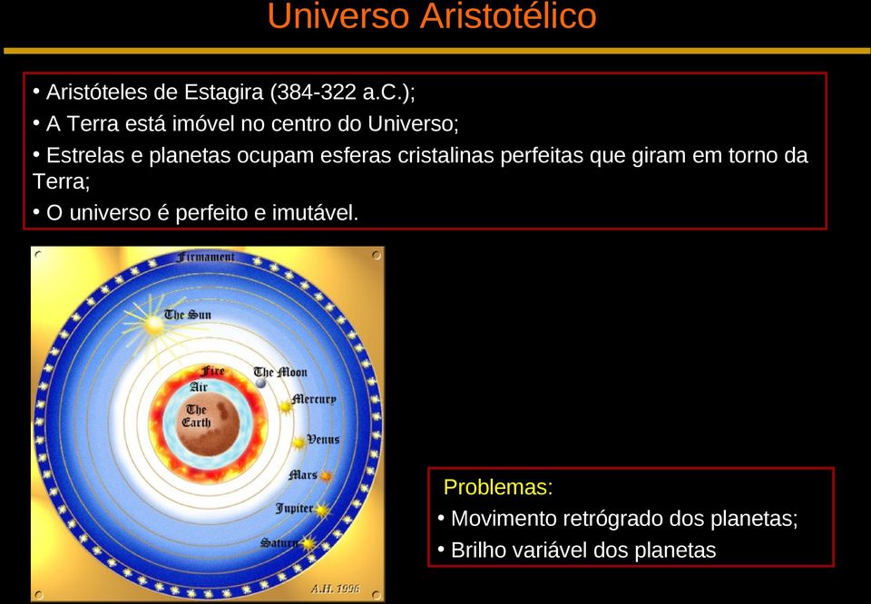 ); A Terra está imóvel no centro do Universo; Estrelas e planetas ocupam