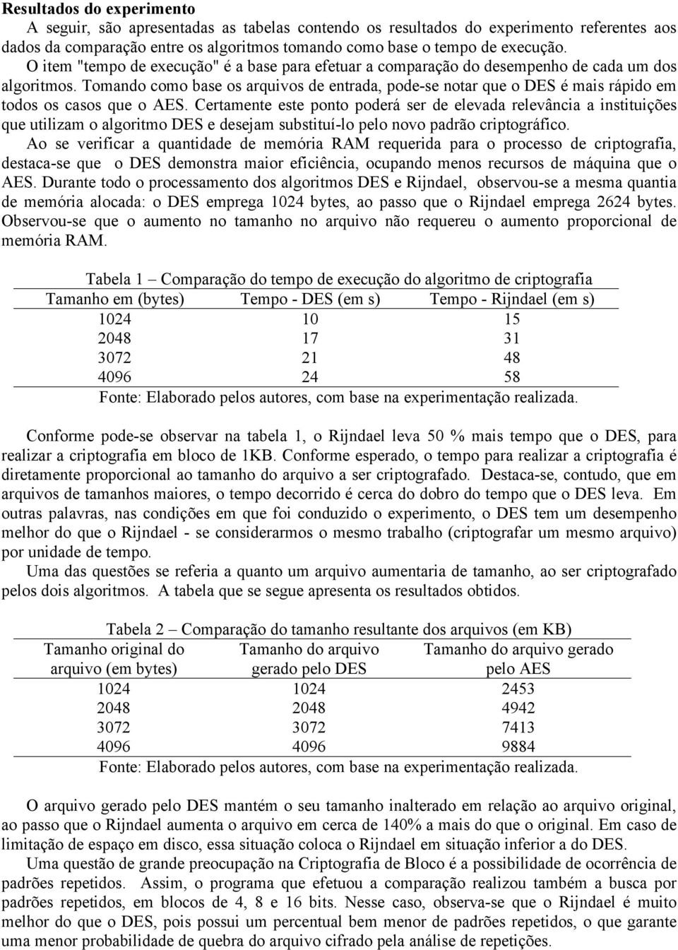 Tomando como base os arquivos de entrada, pode-se notar que o DES é mais rápido em todos os casos que o AES.