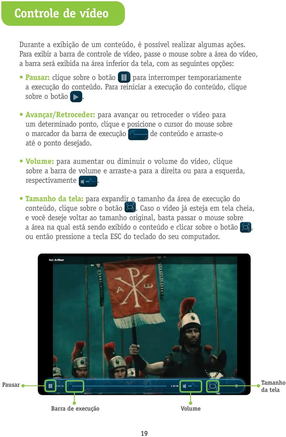 temporariamente a execução do conteúdo. Para reiniciar a execução do conteúdo, clique sobre o botão.