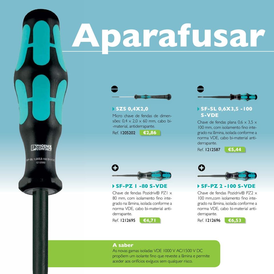 1212587 5,44 H SF-PZ 1-80 S-VDE Chave de fendas Pozidriv PZ1 x 80 mm, com isolamento fino integrado na lâmina, isolada conforme a norma VDE, cabo bi-material antiderrapante. Ref.